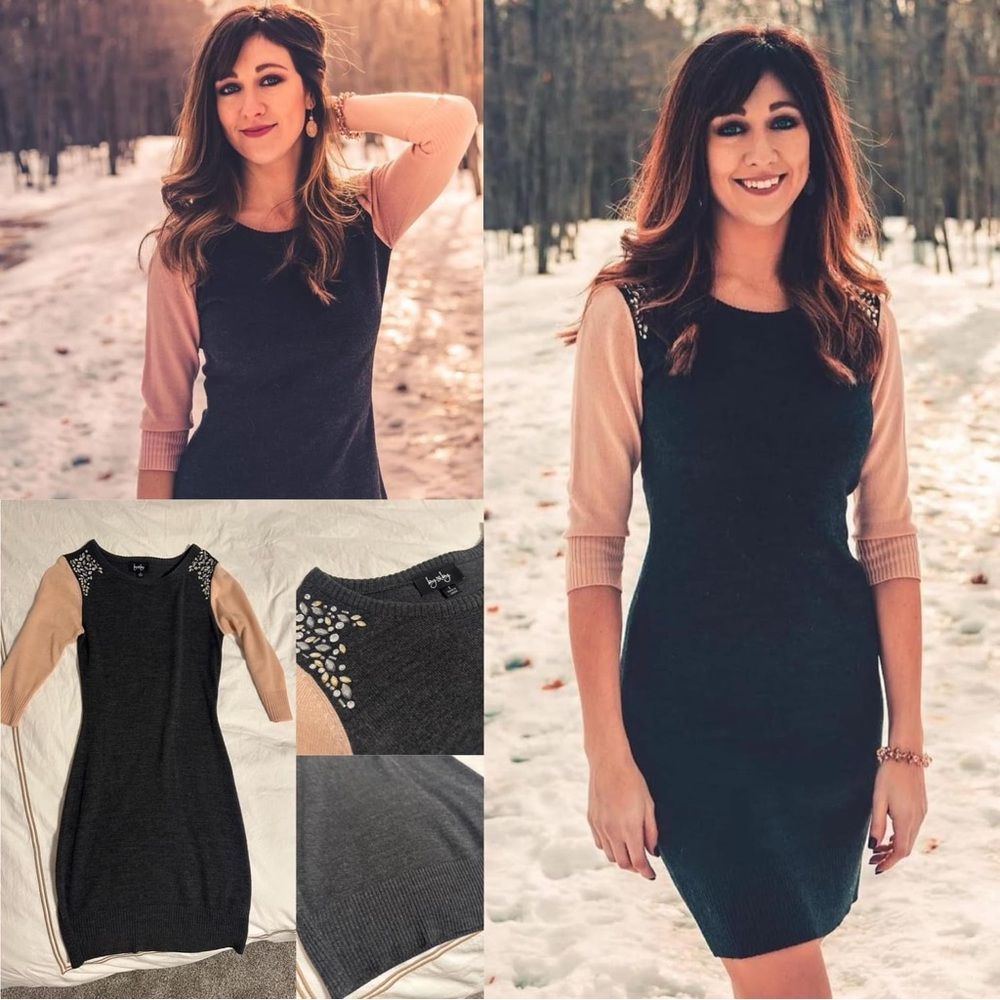 “By & by” Color block sweater dress with bedazzled shoulders